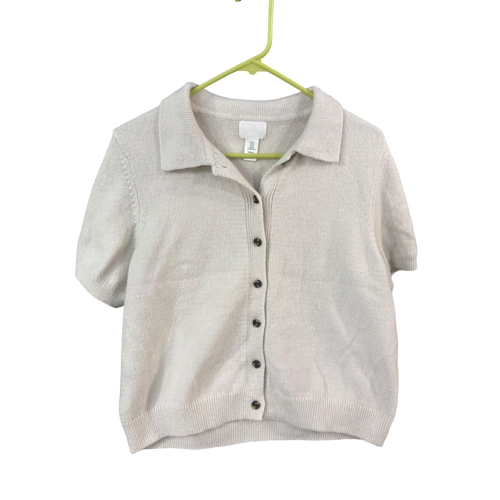 HM Womens Beige Short Sleeve Button Up Cardigan Polo Collar Knit Sweater XL